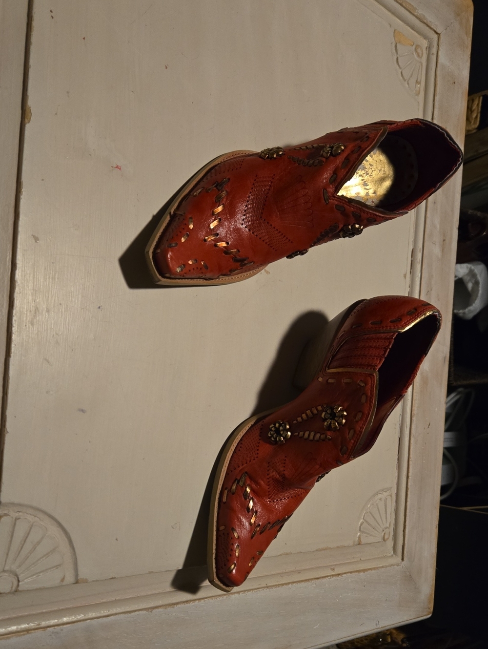 Women's Red Embellished Leather Slip-On Ankle Boots